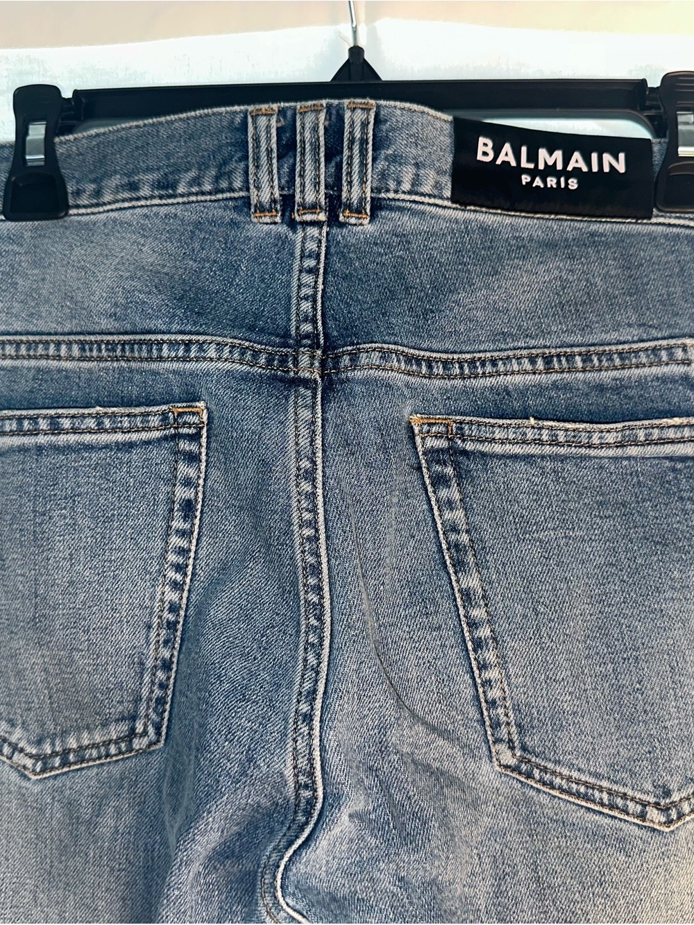 Balmain Men's Slim Jeans in Faded Blue Wash with distressing details (PM100204) - Picture 7 of 11